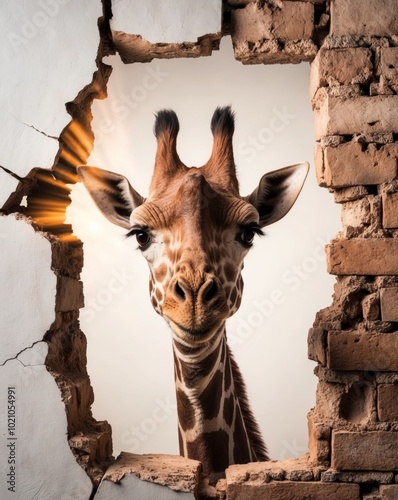 Giraffe Peeking Through Cracked Brick Wall.