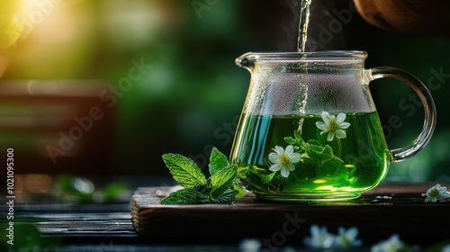 Herbal tea being poured into a glass pitcher.