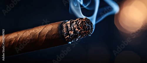 Isolated closeup of a classic cigar with smoke spiraling upwards, soft light focusing on the texture of the cigar, with a blurred, moody background