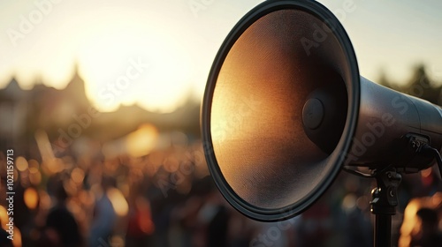 a loudspeaker projecting sound across an outdoor event, symbolizing an audible announcement catching everyone's attention