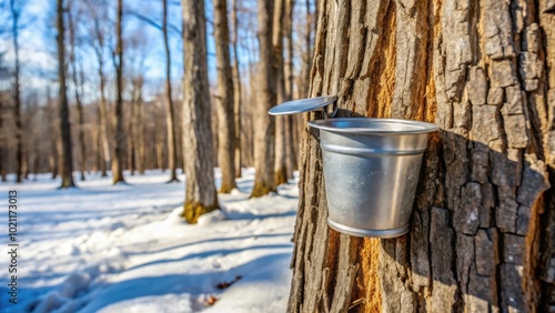 A metal bucket hangs from a maple tree, ready to collect sap during the spring sugaring season.