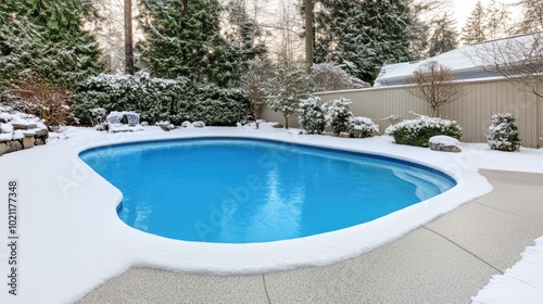 A tranquil backyard reveals a swimming pool blanketed in snow, surrounded by frosty trees and a luxurious home, capturing the essence of a cold winter day