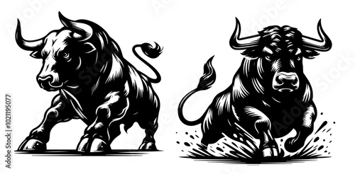 detailed black vector art of bulls in different dynamic charging stances