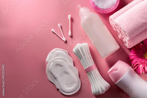 productos de higiene femenina sobre fondo rosa, concepto de cuidado femenino, mujeres saludables