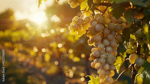 Ripe Grapes Hanging on a Vine at Sunset in a Vineyard