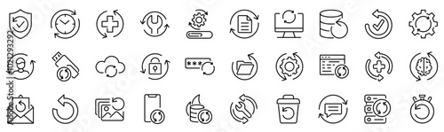 Set of 30 outline icons related to recovery. Linear icon collection. Editable stroke. Vector illustration