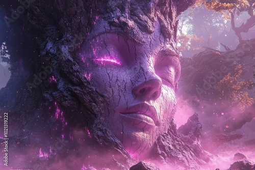 A Mystical Tree with a Human Face, Glowing with Purple Light