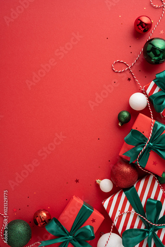 Stylish vertical Christmas presents with green bows and festive decorations on a red surface create a cheerful holiday atmosphere