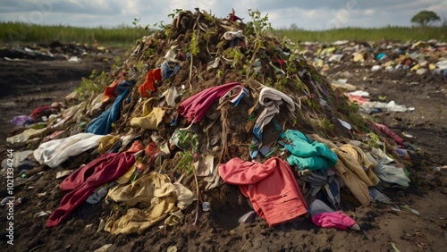 a dump of discarded clothes in bright shades, turning into earthy tones.