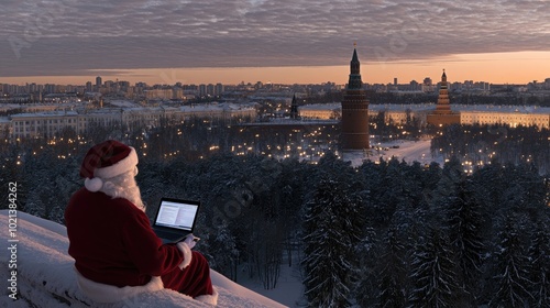 Santa Claus is perched atop a chimney, intently using his laptop as he gazes over a charming winter cityscape adorned with twinkling lights and snow-covered rooftops