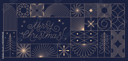 Vector greeting card with stars and sparkles in line style - merry christmas hand-lettering with line shapes and forms, horizontal banner and background, happy holidays