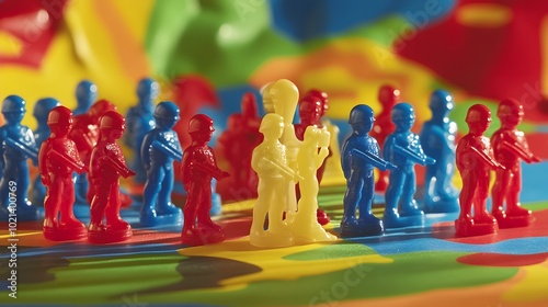 81. A collection of 90s plastic toy soldiers standing on a retro-themed playmat with a colorful background