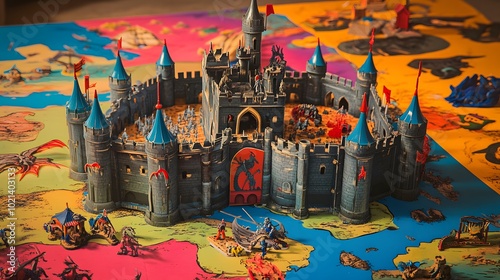 53. A nostalgic 90s toy castle playset with knights and dragons, placed on a vibrant, cartoonish playmat