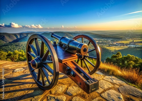 Historic signal cannon placed on a hilltop overlooking a scenic landscape during a clear blue sky