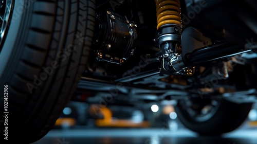 Closeup of a car's suspension system with a shock absorber, tire and wheel, and suspension arm.