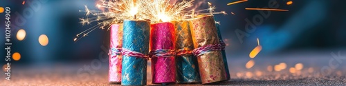 Sparks fly from colorful lit firecrackers on festive backdrop