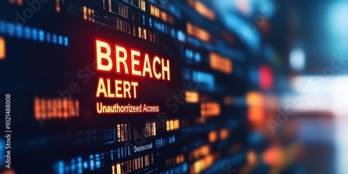 A data breach concept - the words "breach alert" on a screen. Internet security and data protection theme