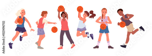 children athlete holding ball in hand to jump, run to basket, child playing in school team cartoon vector illustration set. Basketball player girl boy running and jumping, dribble ball down court