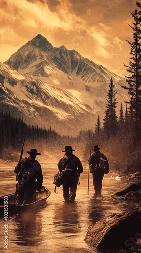 Pioneers trekking through a river at sunset with mountains in the background during the Gold Rush