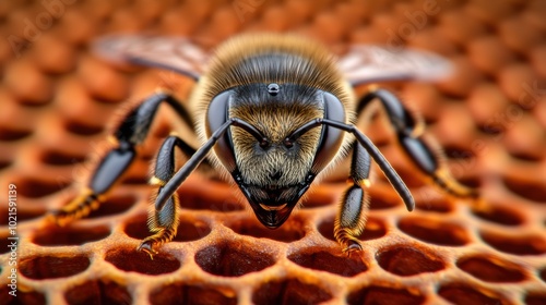 Close-Up of a Honeybee on Honeycomb, AI