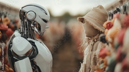 A futuristic robot is intensely focused on a rustic scarecrow in a field, creating a juxtaposition of technology and traditional agricultural elements.