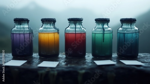 Glass jars containing multiple colored liquids are aligned on a ledge, with a view of mountains shrouded in mist, blending vibrant hues with a brooding natural landscape.