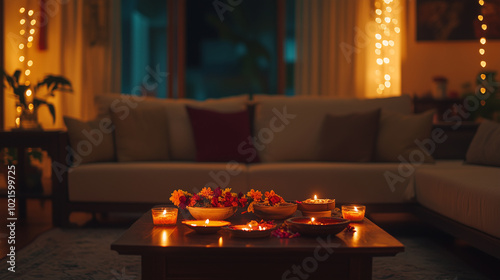 Diwali festival in the living room, a table with Indian food and flowers on it, lights around the house, beautiful home decor, cinematic, moody, warm colors.