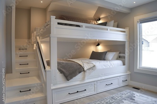 Modern white bunk bed with built in stairs and drawers, illuminated by warm lighting in a bright bedroom