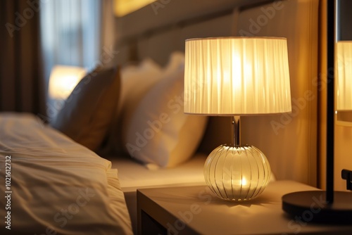 Elegant table lamp illuminating cozy bedroom in the evening