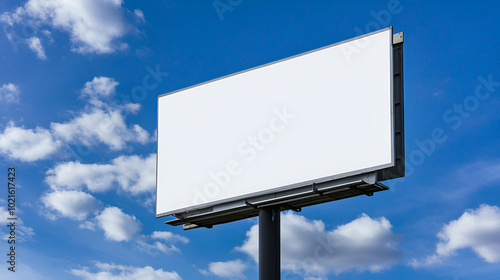 A blank billboard stands against a vibrant blue sky filled with fluffy clouds, ideal for advertising or promotional displays.