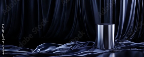 A polished chrome podium with sharp, modern lines, set on deep navy blue spandex fabric, with soft lighting creating a sophisticated and high-end presentation.