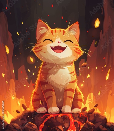 A happy orange cat sits on a rock in front of a lava flow