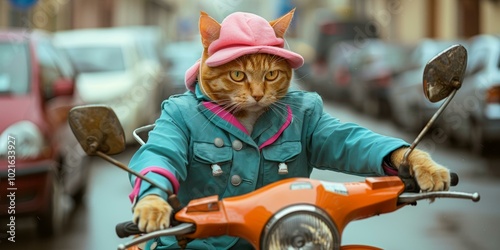 Cat in a pink hat and blue jacket riding a scooter