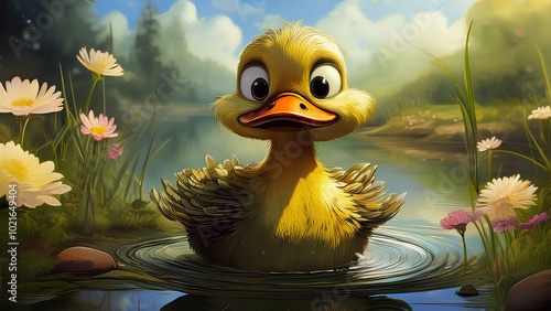 Cute duck on the pond, ugly duckling from a fairy tale. Cartoon duckling on the background of a lake.