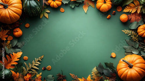 Frame with pumpkins and autumn leaves on a green background. Design banner template for autumn cards, halloween, harvest thanksgiving day or Halloween concept with place for text