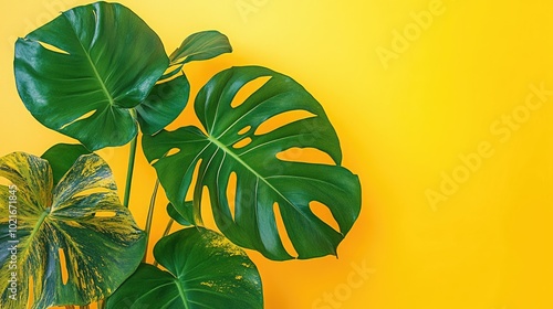 Modern monstera plant with browning leaf edges and yellowing spots, isolated on a bright background, indicating insufficient care or environmental stress.