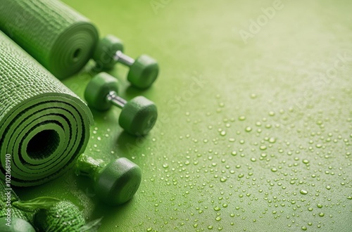 Bright green yoga mat and weights with a green apple, promoting fitness and healthy living