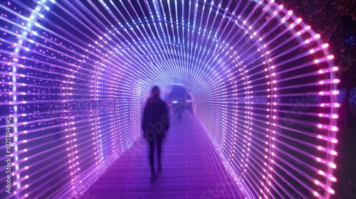 Futuristic Interactive Light Installation at Public Park where Visitors Create Glowing Patterns by Walking, Ultra-Detailed Experience