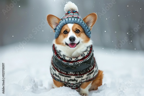 Cute corgi dog wearing a hat and a sweater is sitting in the snow on a winter day