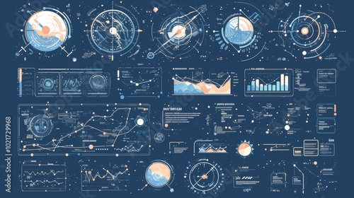 A complex, abstract image depicting futuristic data visualization, featuring various graphs, charts, and schematics, representing analytics and modern trends.