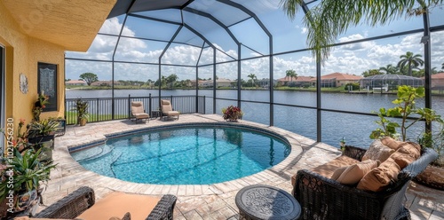 Luxury Florida mansion with lanai patio and screened in pool, exterior design