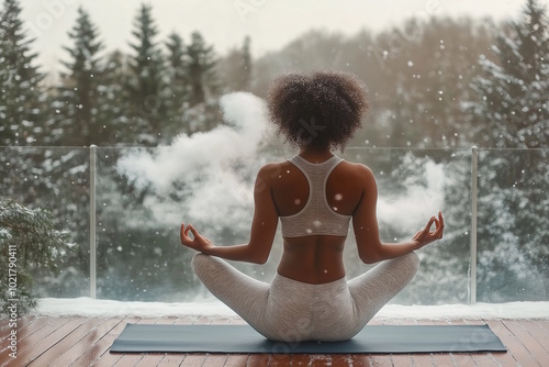 Black woman meditating outdoors in a snowy landscape, finding balance and tranquility through yoga in winter. Concept for mindfulness, health, and peaceful moments during the winter season