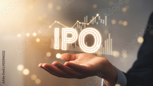 A business professional holding a glowing 'IPO' sign with financial charts. Ideal for investment, finance, and business growth concepts, emphasizing initial public offerings.