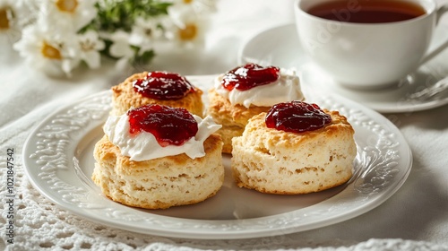 Traditional English scones with clotted cream and strawberry jam on a white plate with a side of tea