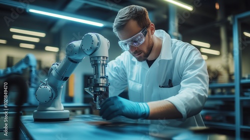 A scientist in a lab coat examines a sample under a microscope while an industrial robot arm works in the background.