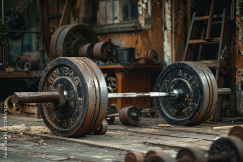 Rusty barbell is lying on a wooden floor in an abandoned gym, showing the passage of time and the allure of forgotten strength