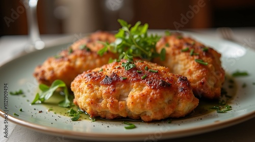 The finest dinner presentation features perfectly fried chicken breasts on a lavish plate, perfectly complementing the luxurious dining table setting.