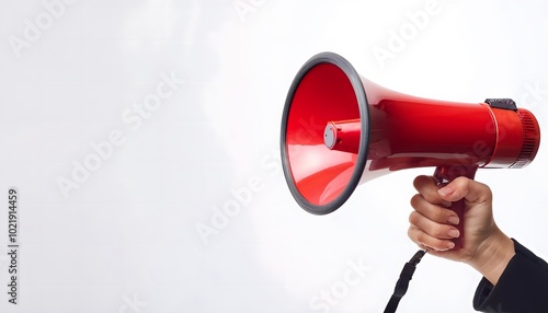 Hand holding A red megaphone announces sales and discounts, on a vibrant white background. Marketing banner