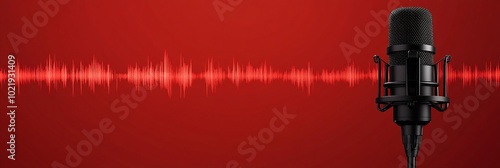 Professional studio microphone against vibrant red background with dynamic audio waveform, symbolizing voice recording and sound production technology.