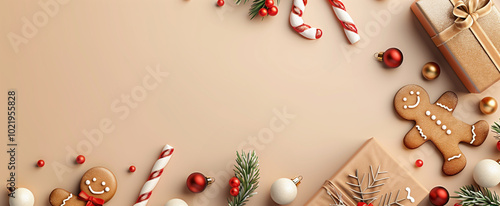 Christmas background with red and beige decorations on the edges, candy canes, gingerbread cookies, stars, ornaments, on light brown surface, flat lay photograph with copy space